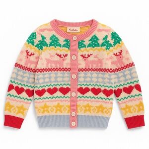 Mini Boden Festive Fair Isle Cardigan with Pink Red and Green